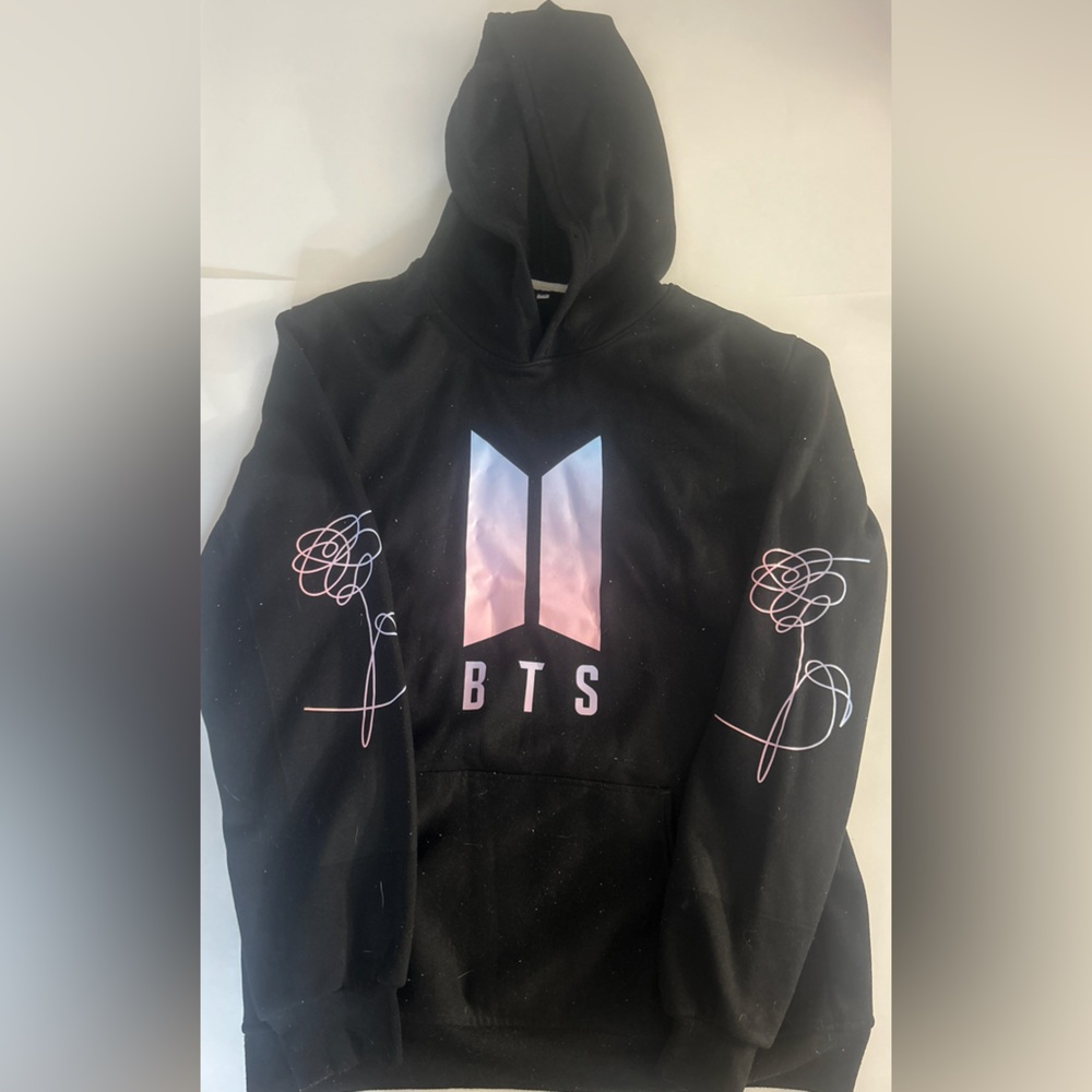 Black BTS Hoodie with Pink and White Design